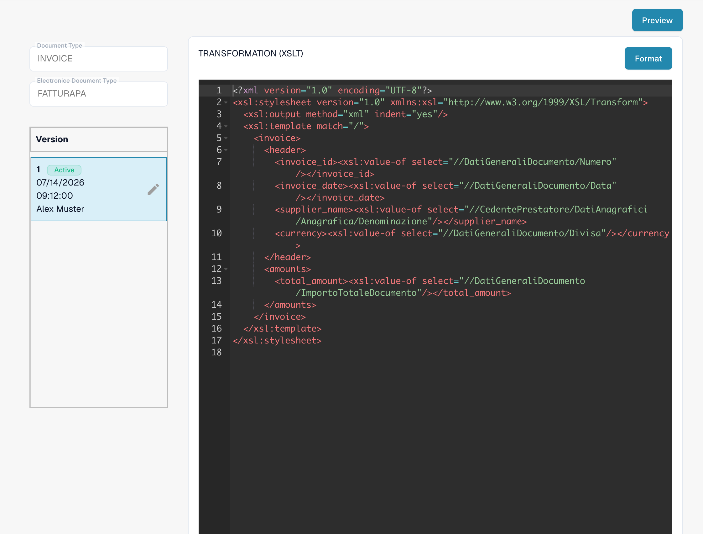 FATTURAPA active Transformation XSLT producing normalized INVOICE data