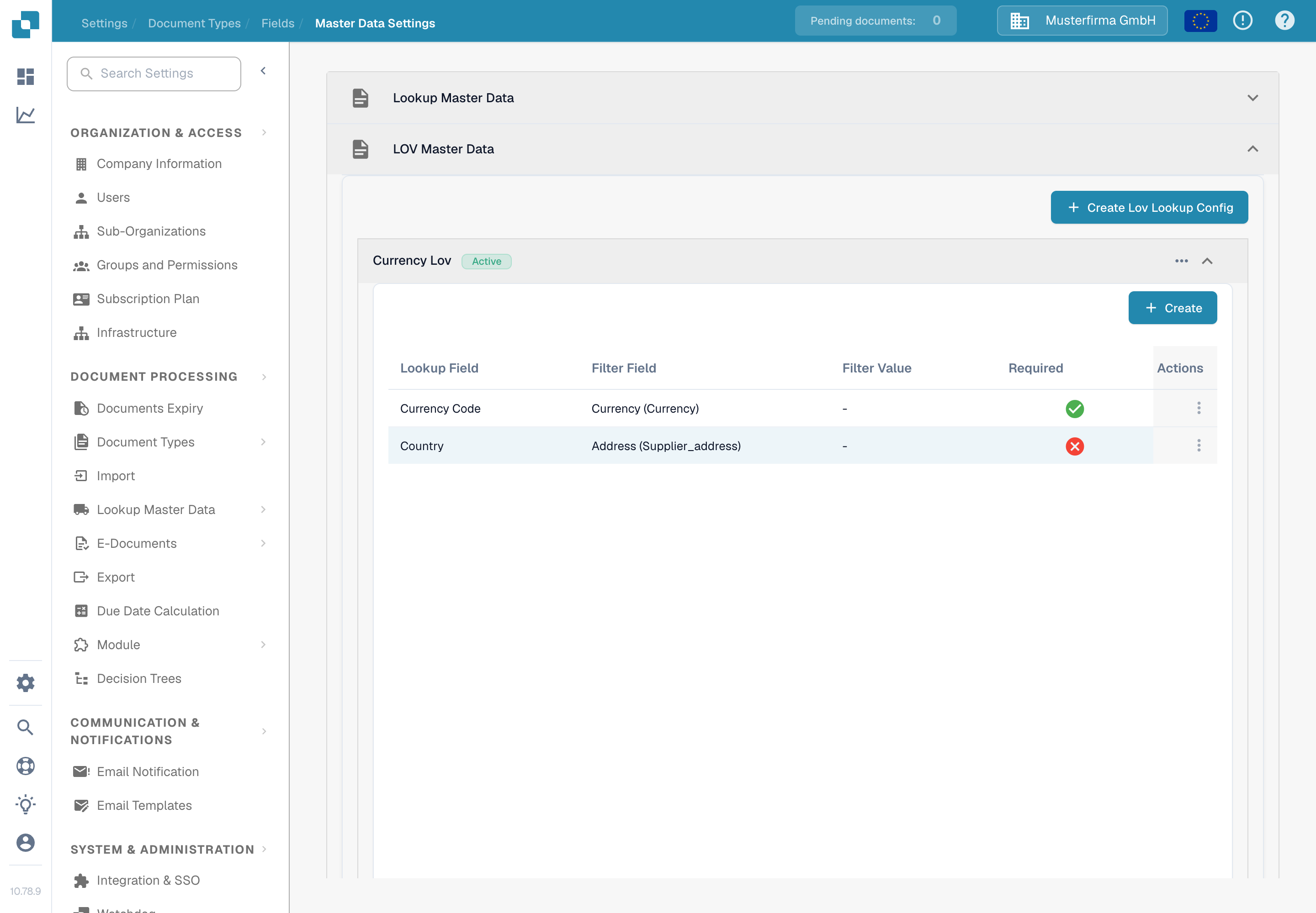 已展开的 LOV Master Data 区域，含 Create Lov Lookup Config 按钮