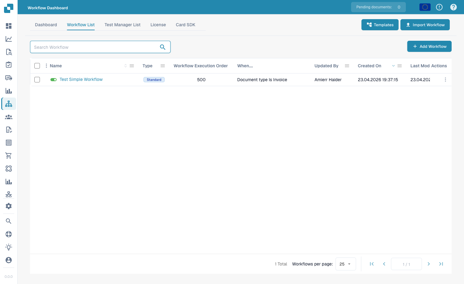 Workflow List 选项卡，列出工作流及其类型、执行顺序和触发器