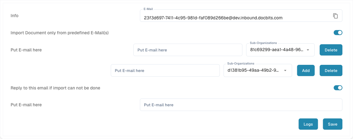 Inbound Emails 部分：导入地址、预定义发件人和失败回复地址