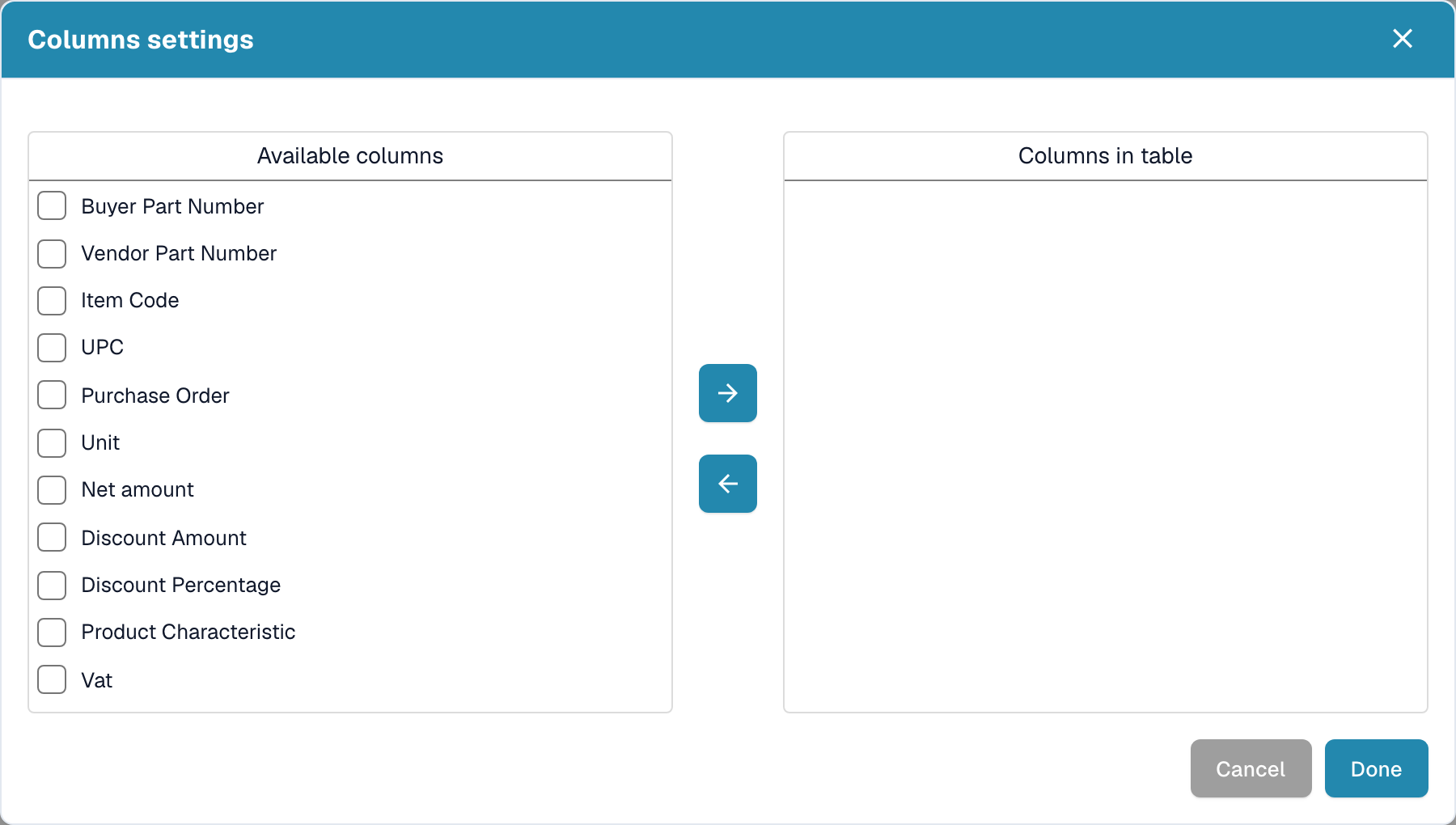包含两个列表的 Columns settings 对话框