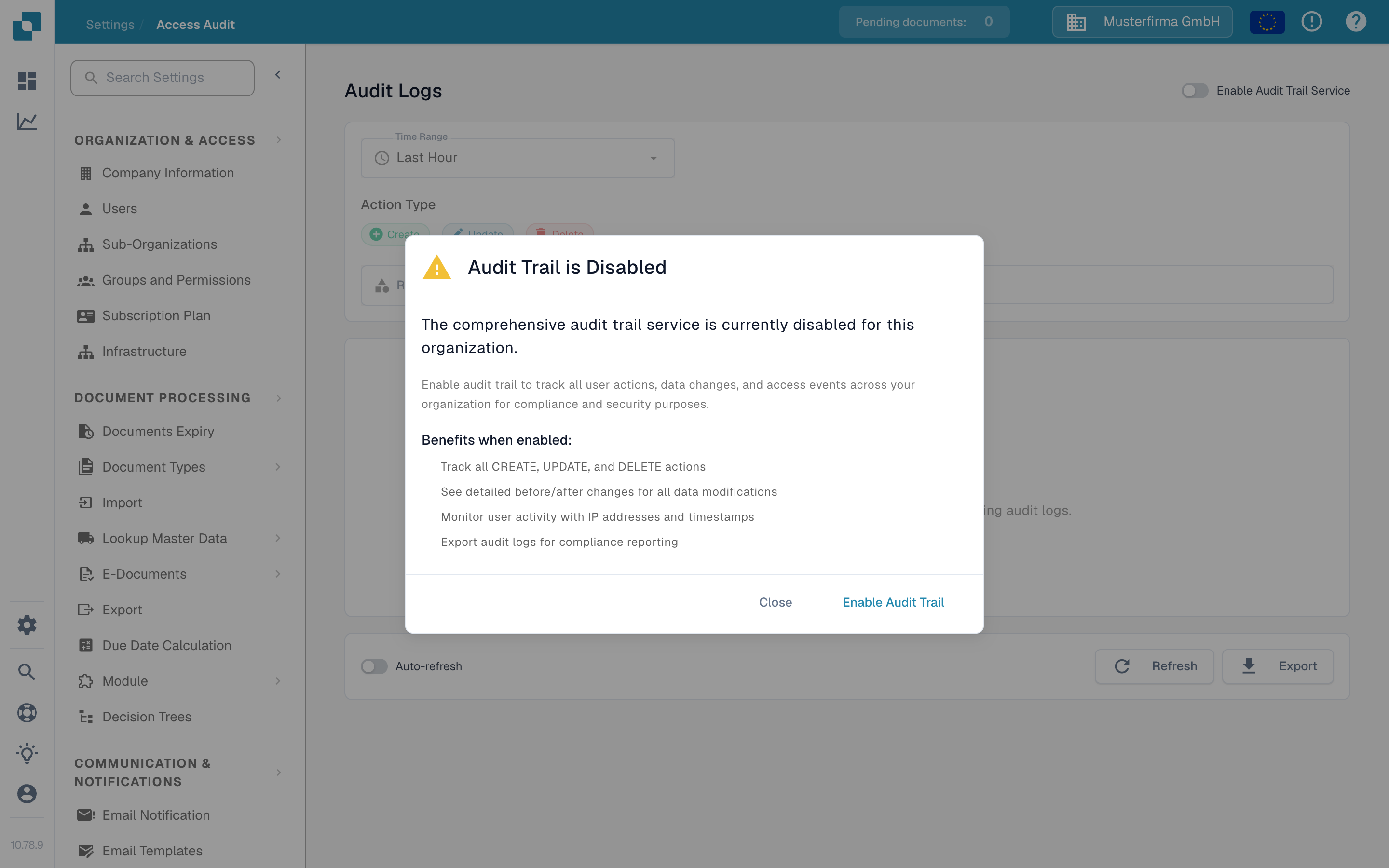 Audit Trail is Disabled 对话框，包含 Close 和 Enable Audit Trail 按钮