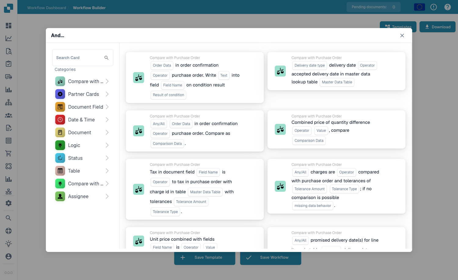 Workflow Builder 中按类别分组的 Add Card 卡片库
