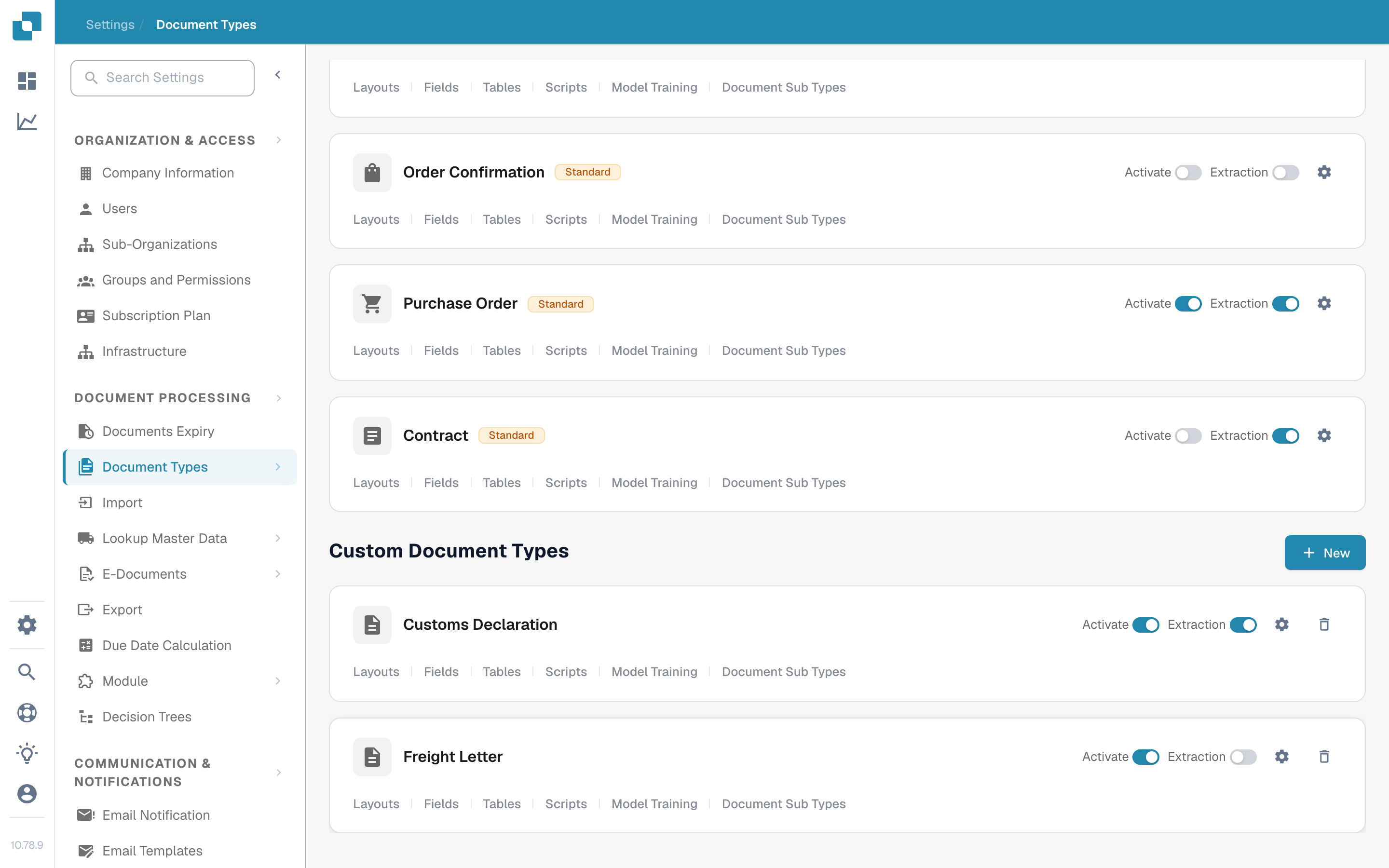 Custom Document Types 区域及其 New 按钮