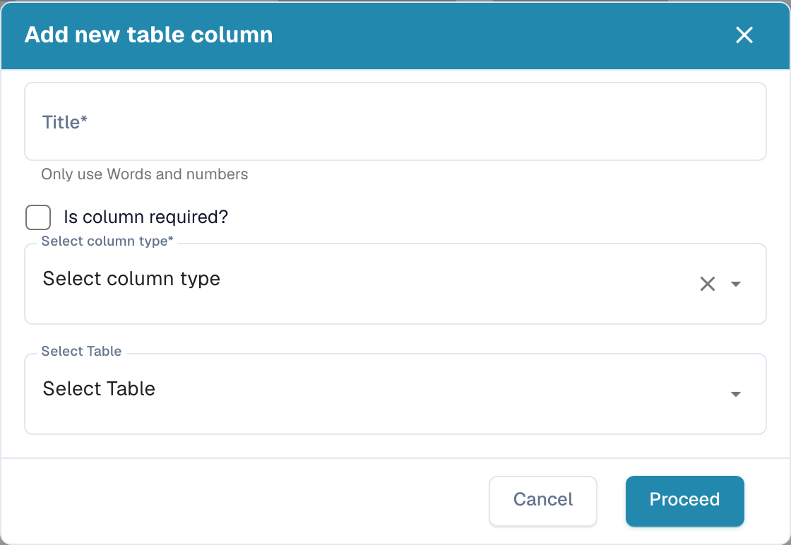 包含 Title、Is column required、Select column type 和 Select Table 的新增表格列对话框
