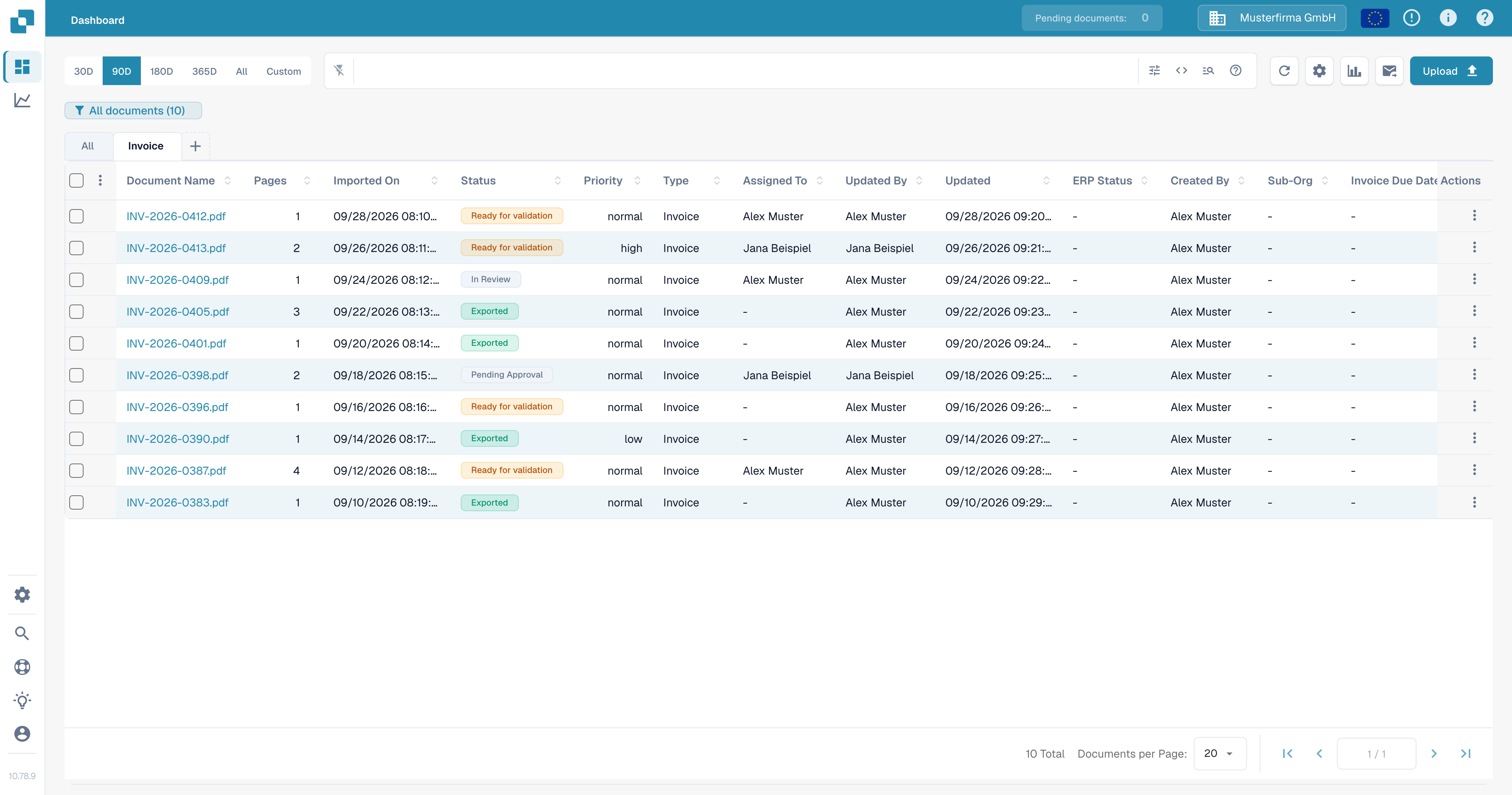 英文 Dashboard 中选中的 Invoice 文档类型选项卡，显示其移除图标