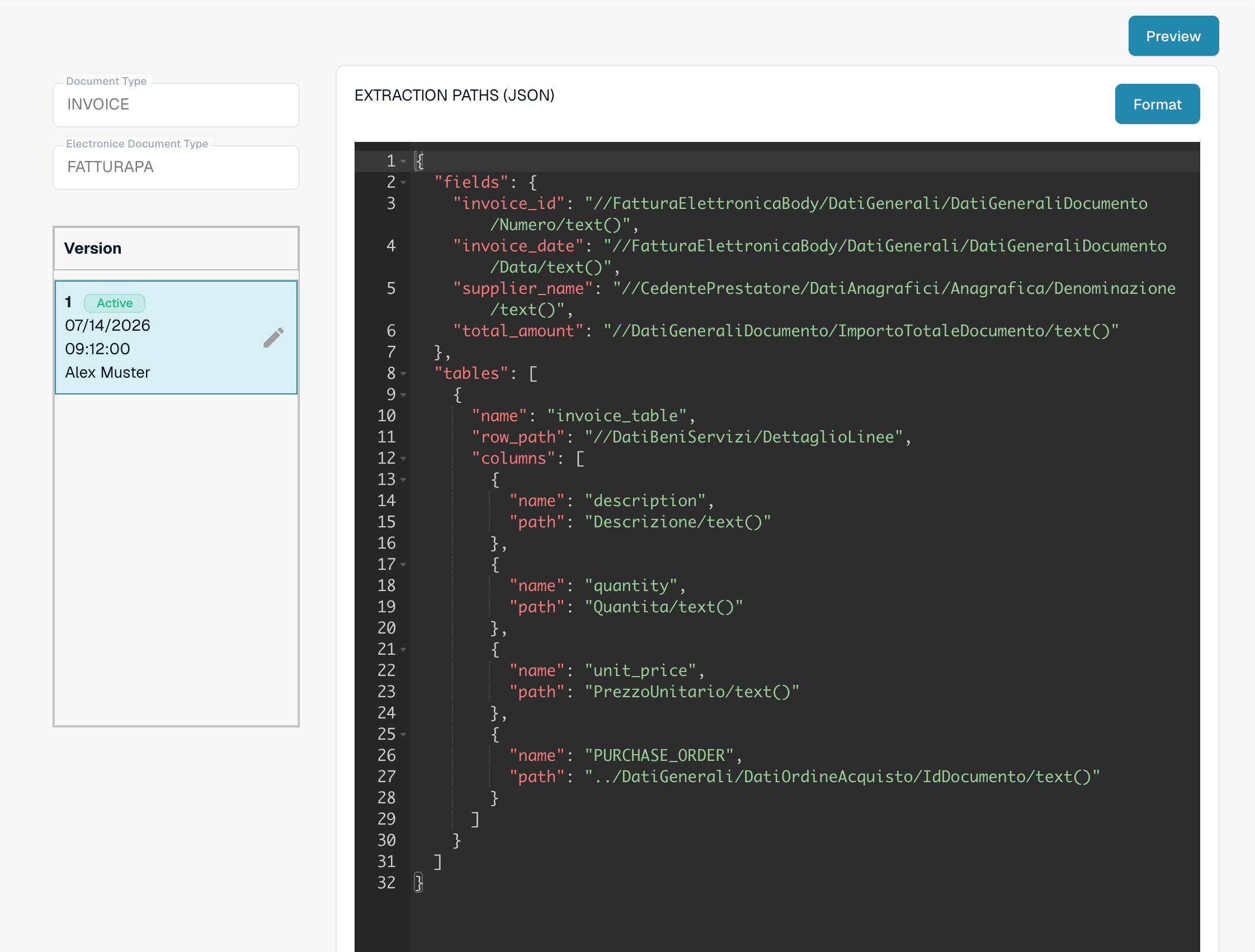 FATTURAPA Extraction Paths JSON with active version and an existing PURCHASE_ORDER table column