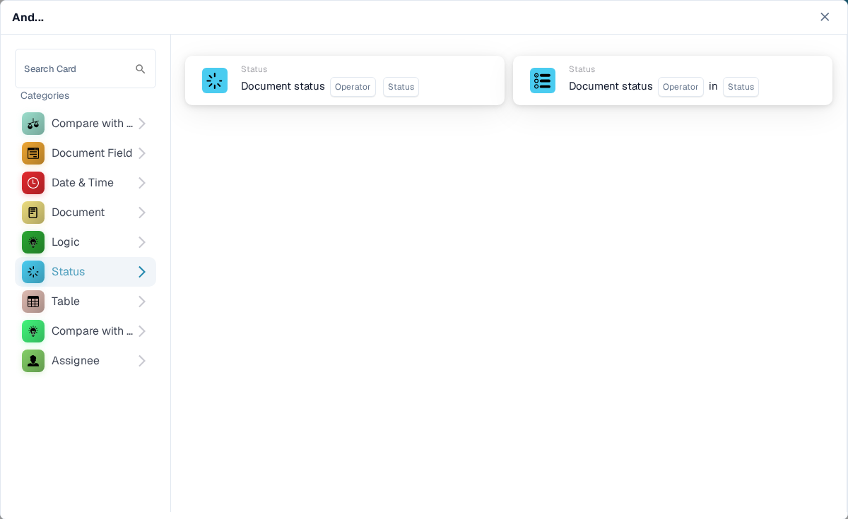 英文 And 卡片选择器，已选中 Status；两个预览分别将 Document status 与单个 Status 或一组状态进行比较。