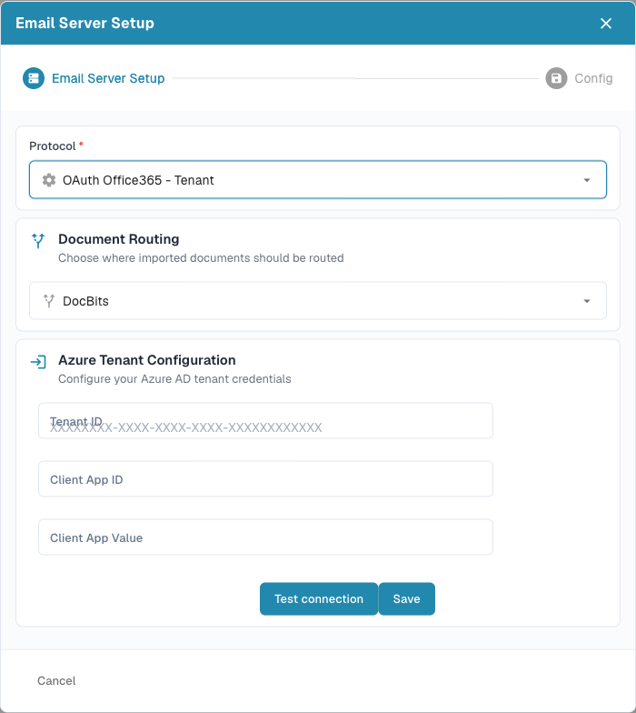 Azure Tenant Configuration，包含 Tenant ID、Client App ID 和 Client App Value