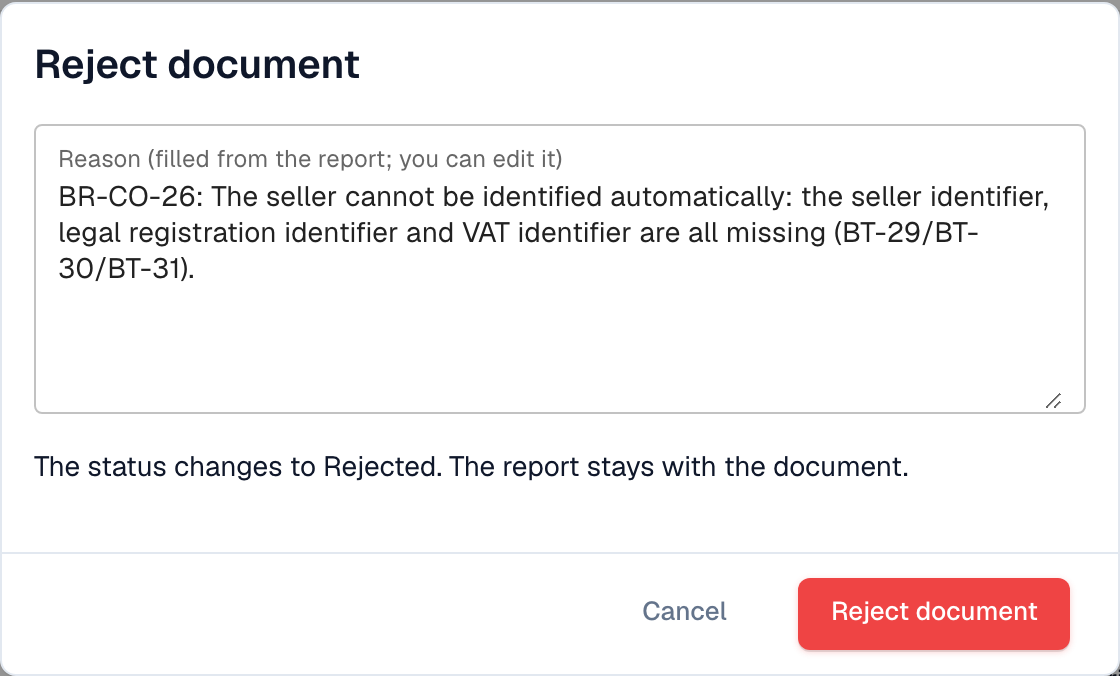 已填写报告中原因的 Reject document 对话框