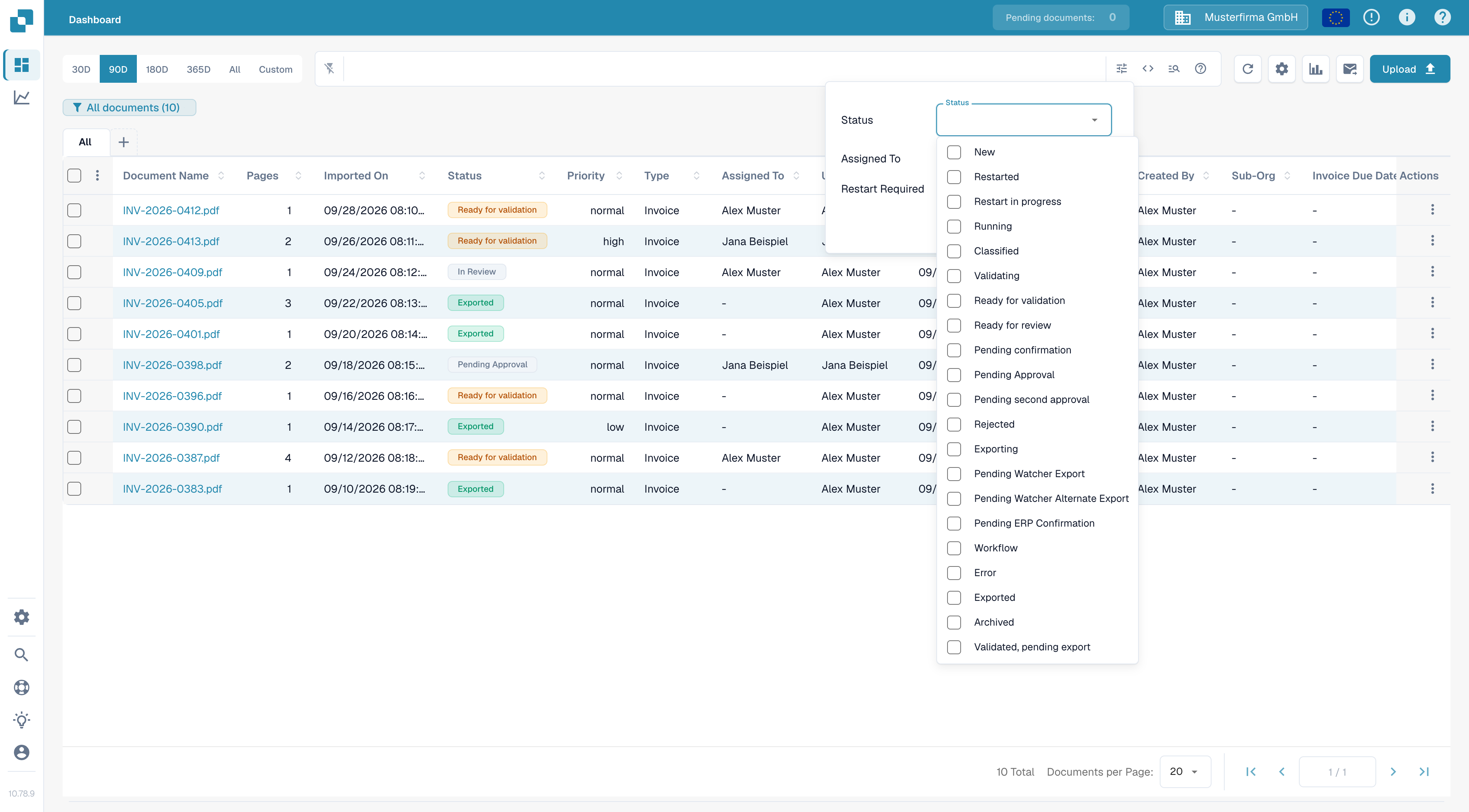 英文 Dashboard 筛选面板中的 Status 下拉菜单，包含可选择的处理状态
