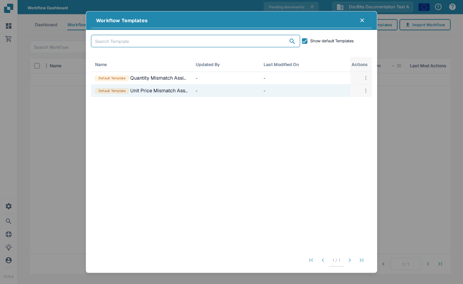 Workflow Templates 对话框，列出模板及 Name、Updated By、Last Modified On 和 Actions 列，并启用了 Show default Templates 选项
