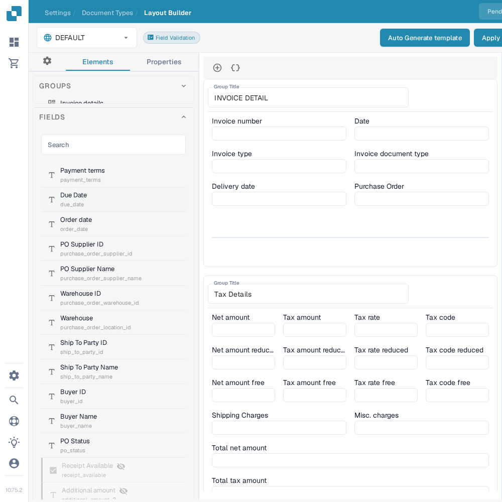 英文 Layout Builder 的 Fields 面板，其中包含搜索框和可用的 Invoice 字段