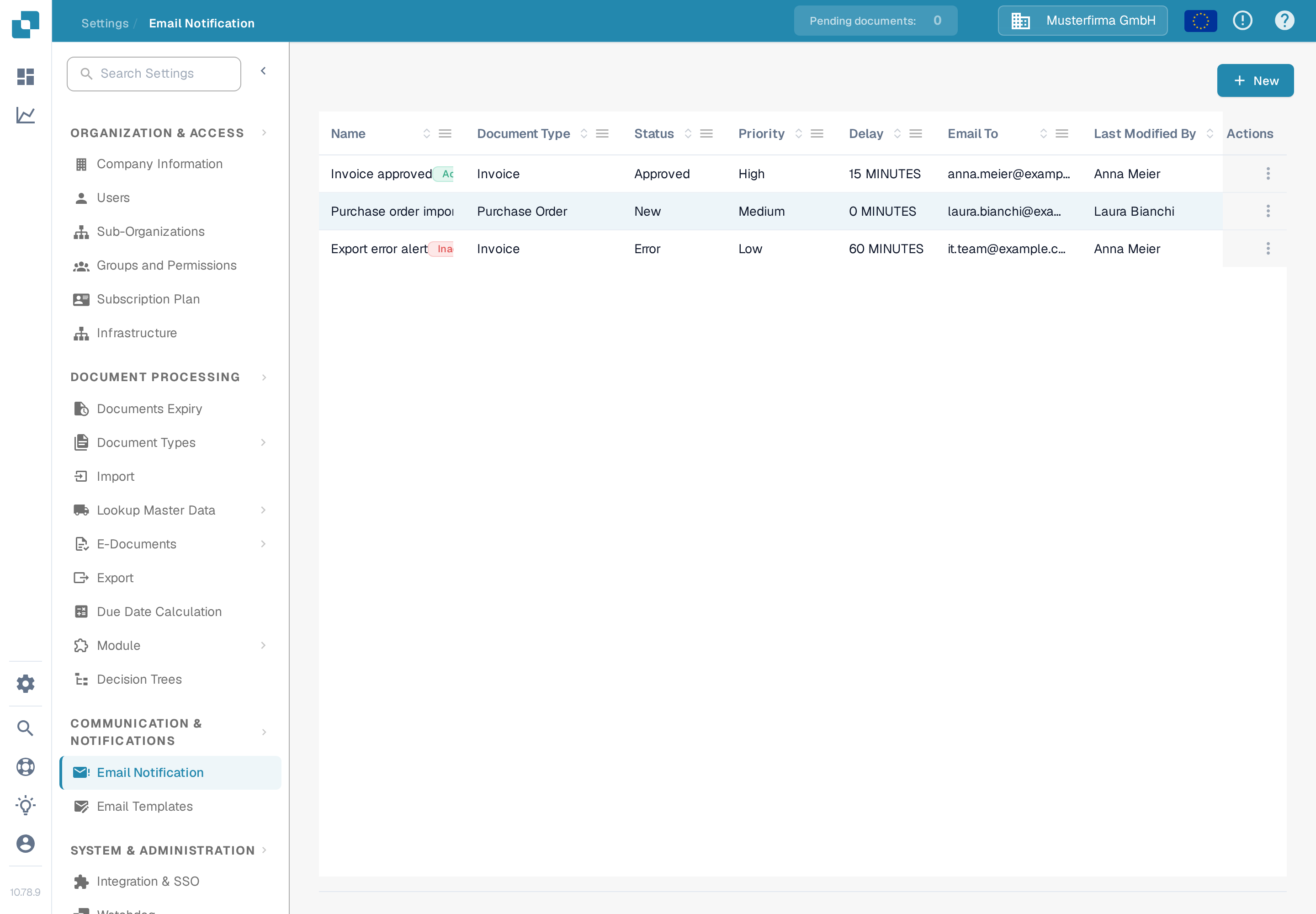 Email Notification 列表中显示 Docs Demo Invoice Validation 示例规则，而不是空表
