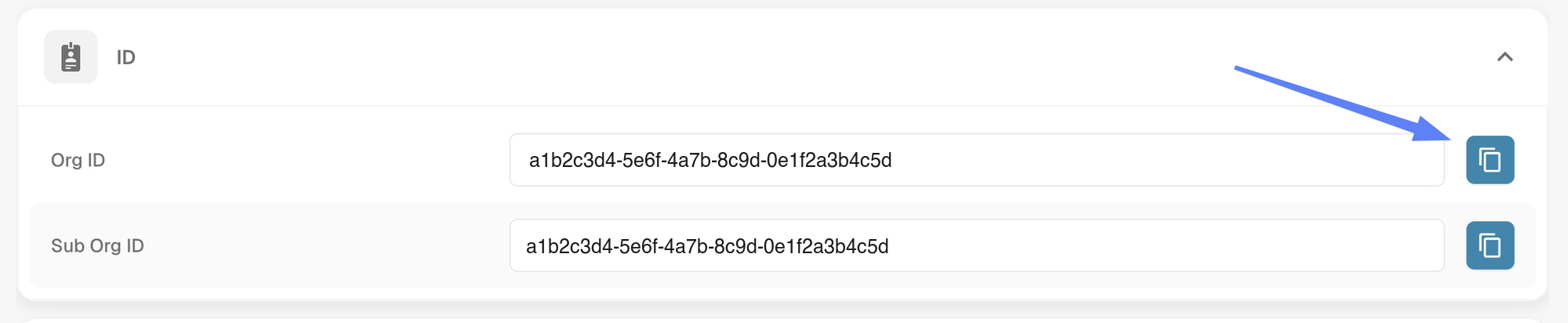显示 Org ID 和 Sub Org ID 及其复制按钮的 ID 部分