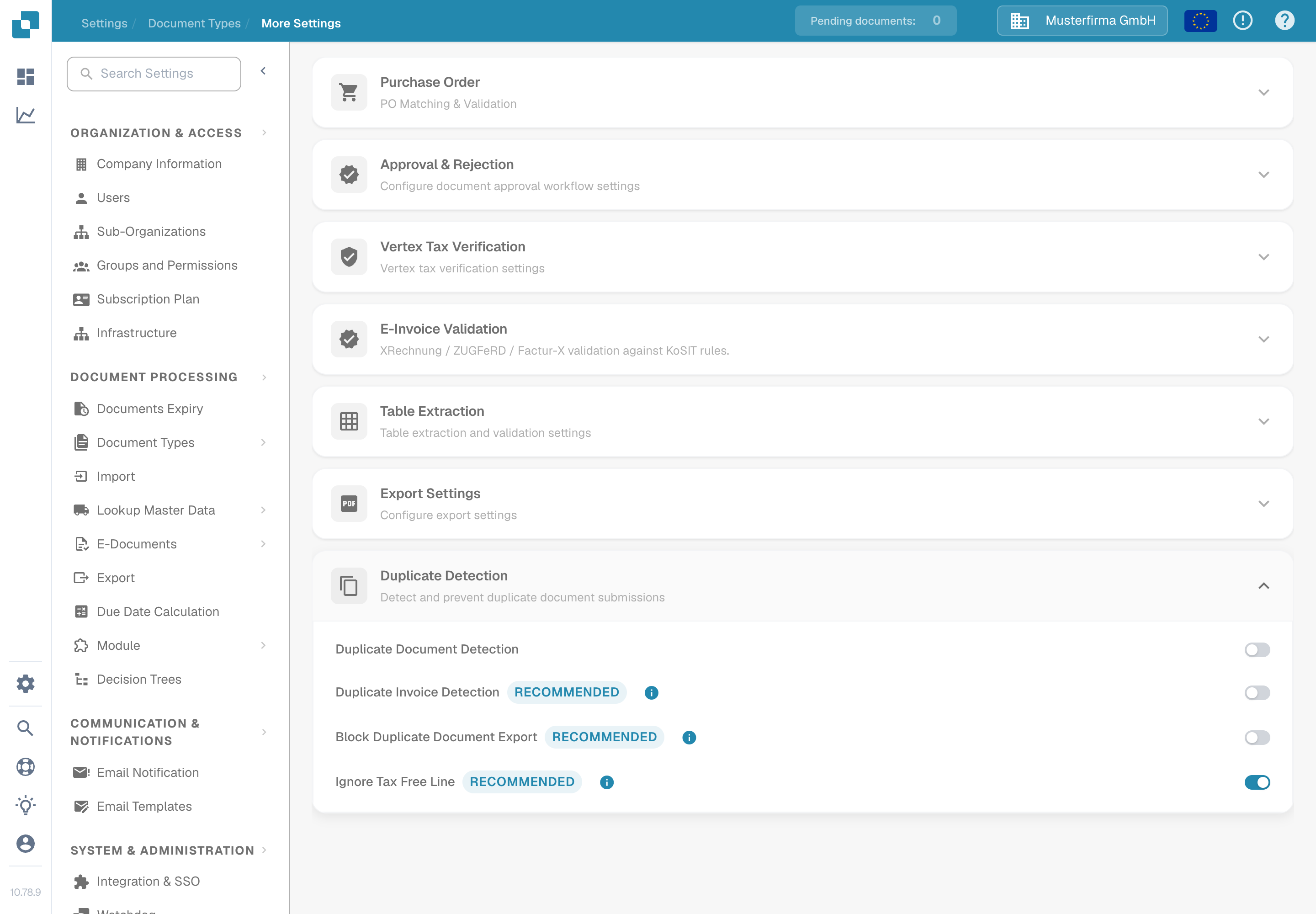 发票的更多设置，其中已展开重复检测部分，且检测选项均已关闭