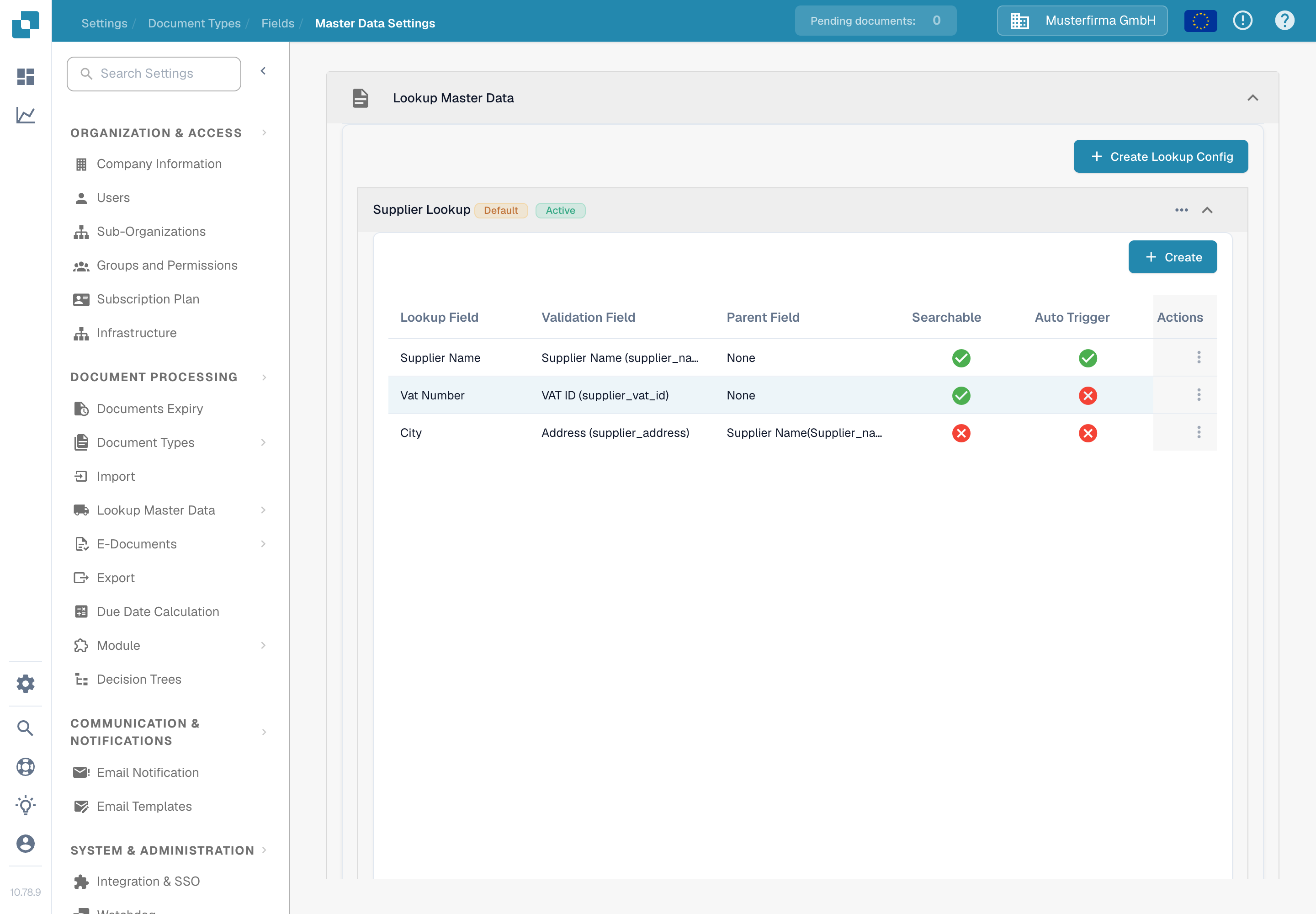 已展开的 Supplier 查找，显示 Lookup Field、Validation Field、Parent Field、Searchable、Auto Trigger 和 Actions 列