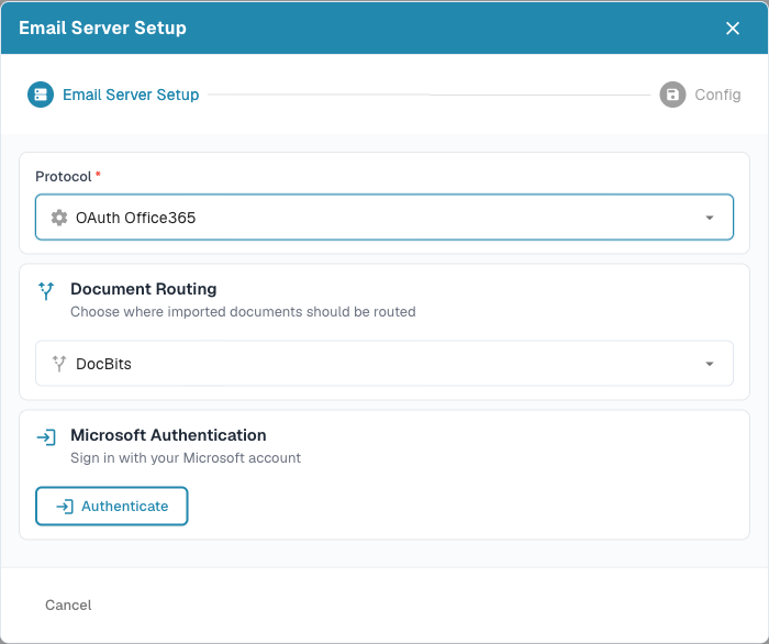 OAuth Office365 表单，包含 Document Routing 和 Authenticate 按钮