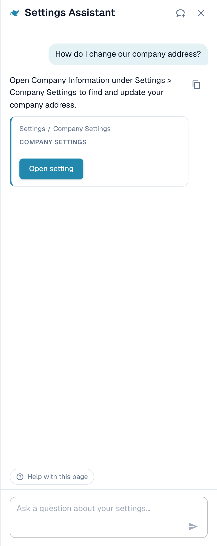 助手回答了公司地址的路径，并提供一个 Open setting 按钮