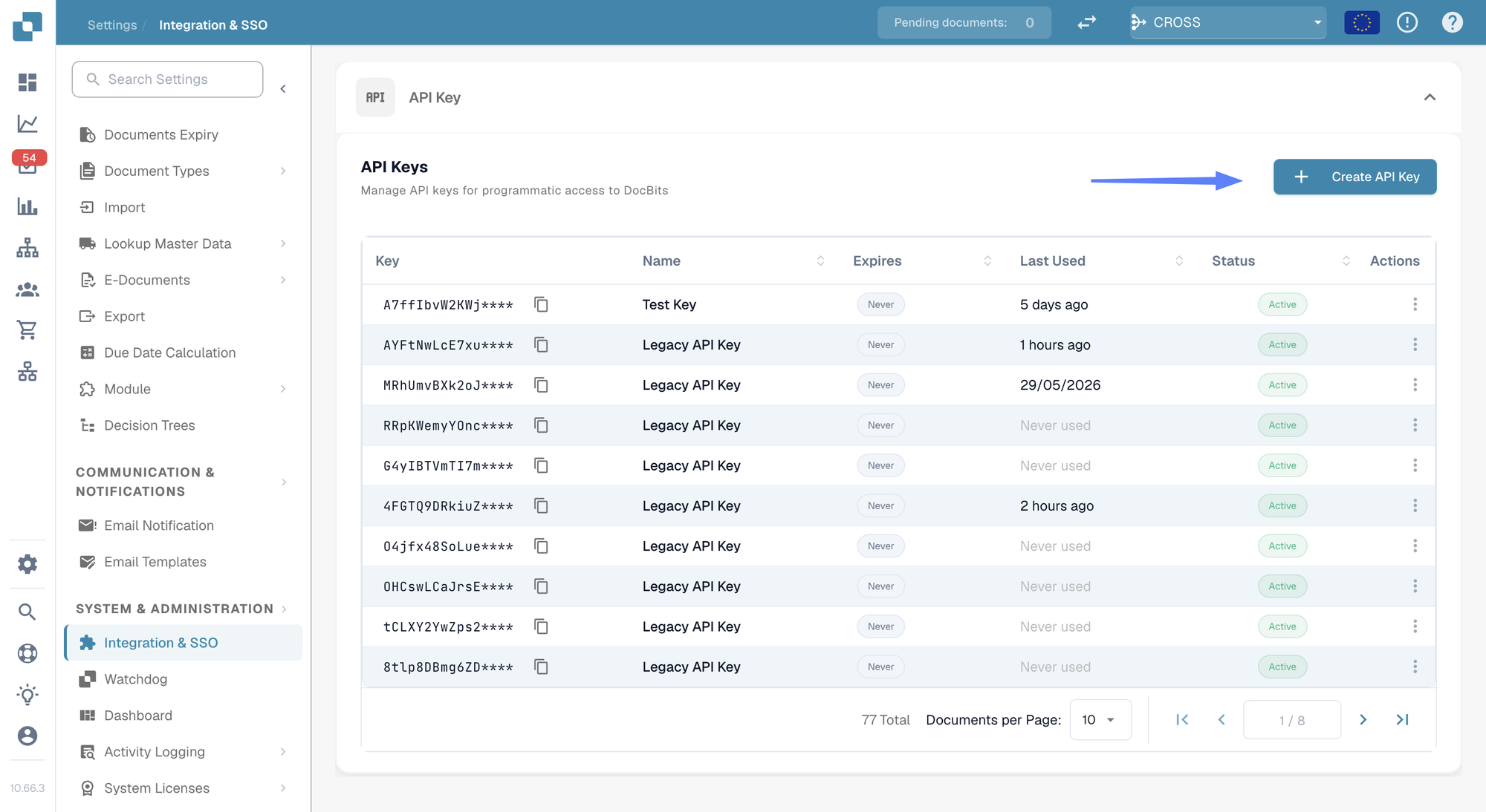 API Keys 列表，Create API Key 按钮已突出显示