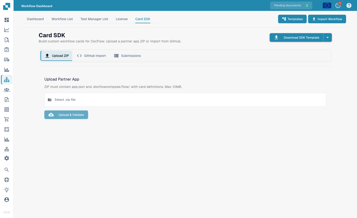 Card SDK 选项卡，包含 Upload ZIP、GitHub Import 和 Submissions