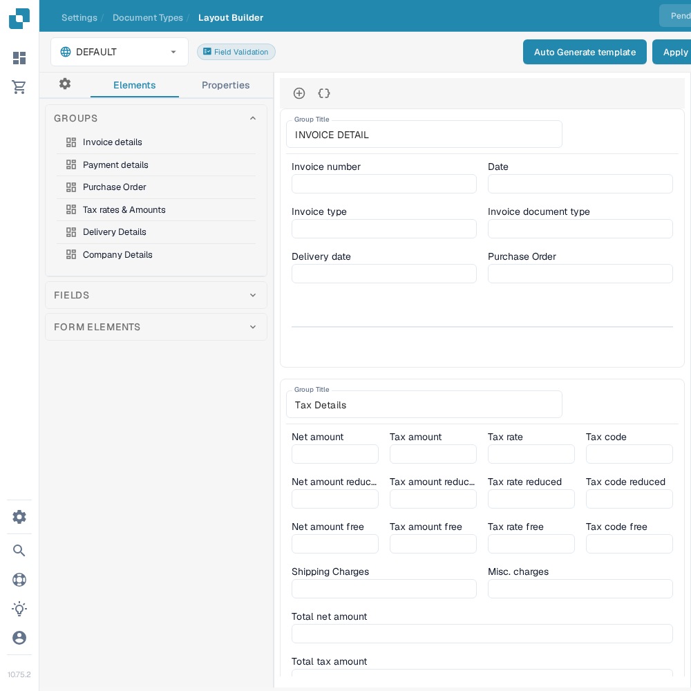 英文 Invoice Layout Builder，显示 Elements 面板中的 Groups 以及画布中已分组的字段