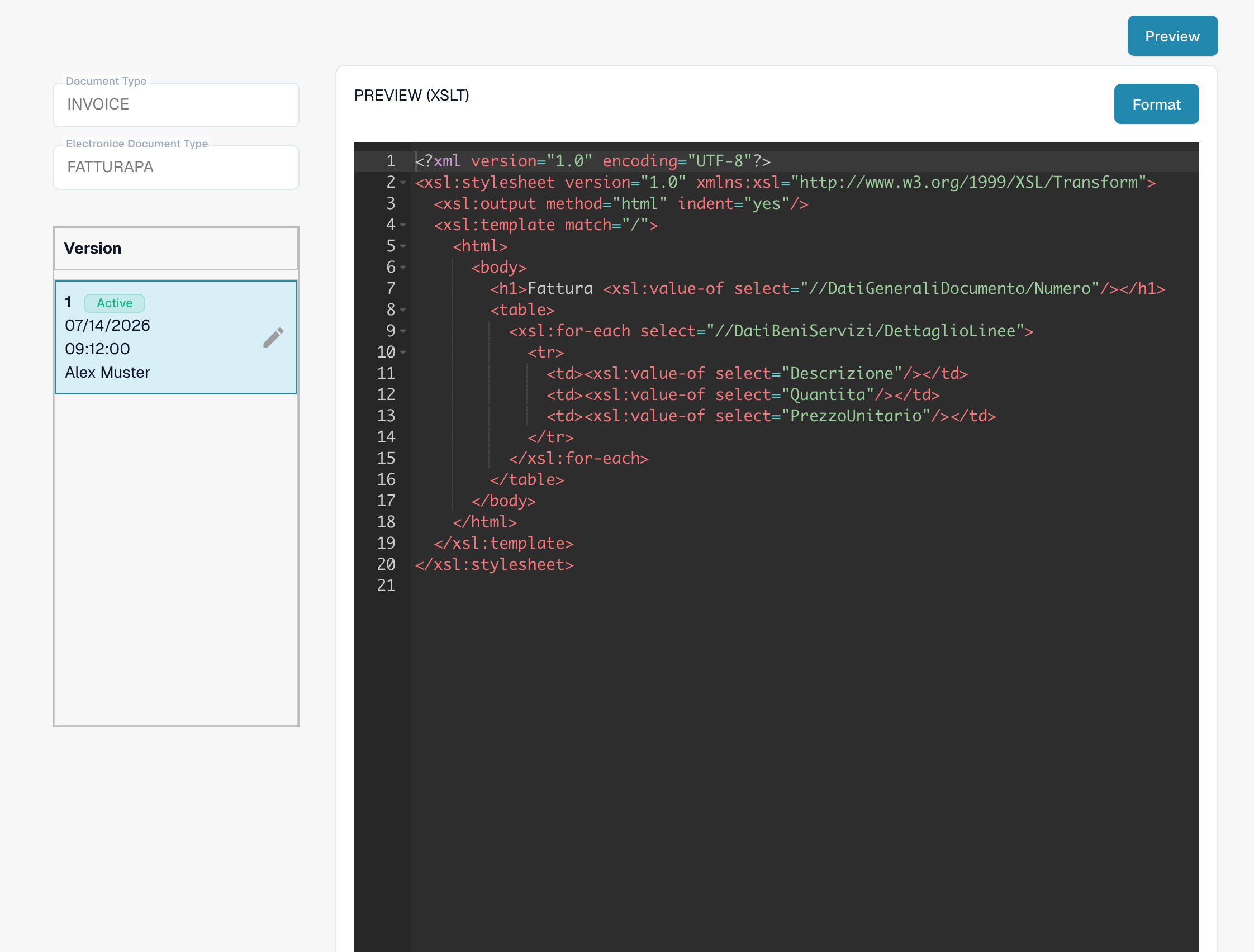 FATTURAPA active Preview XSLT with HTML output and invoice table styles