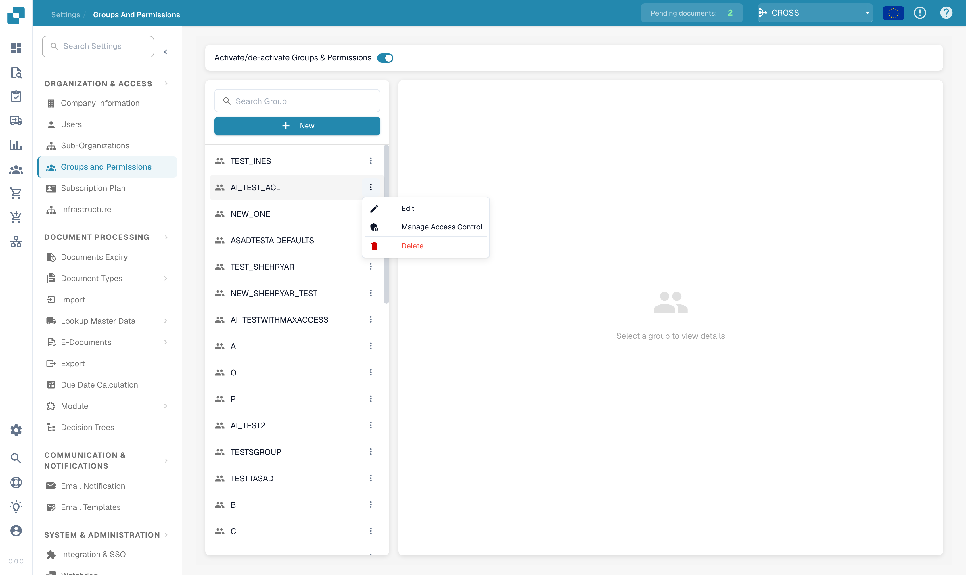 打开组的行菜单并选择 Manage Access Control