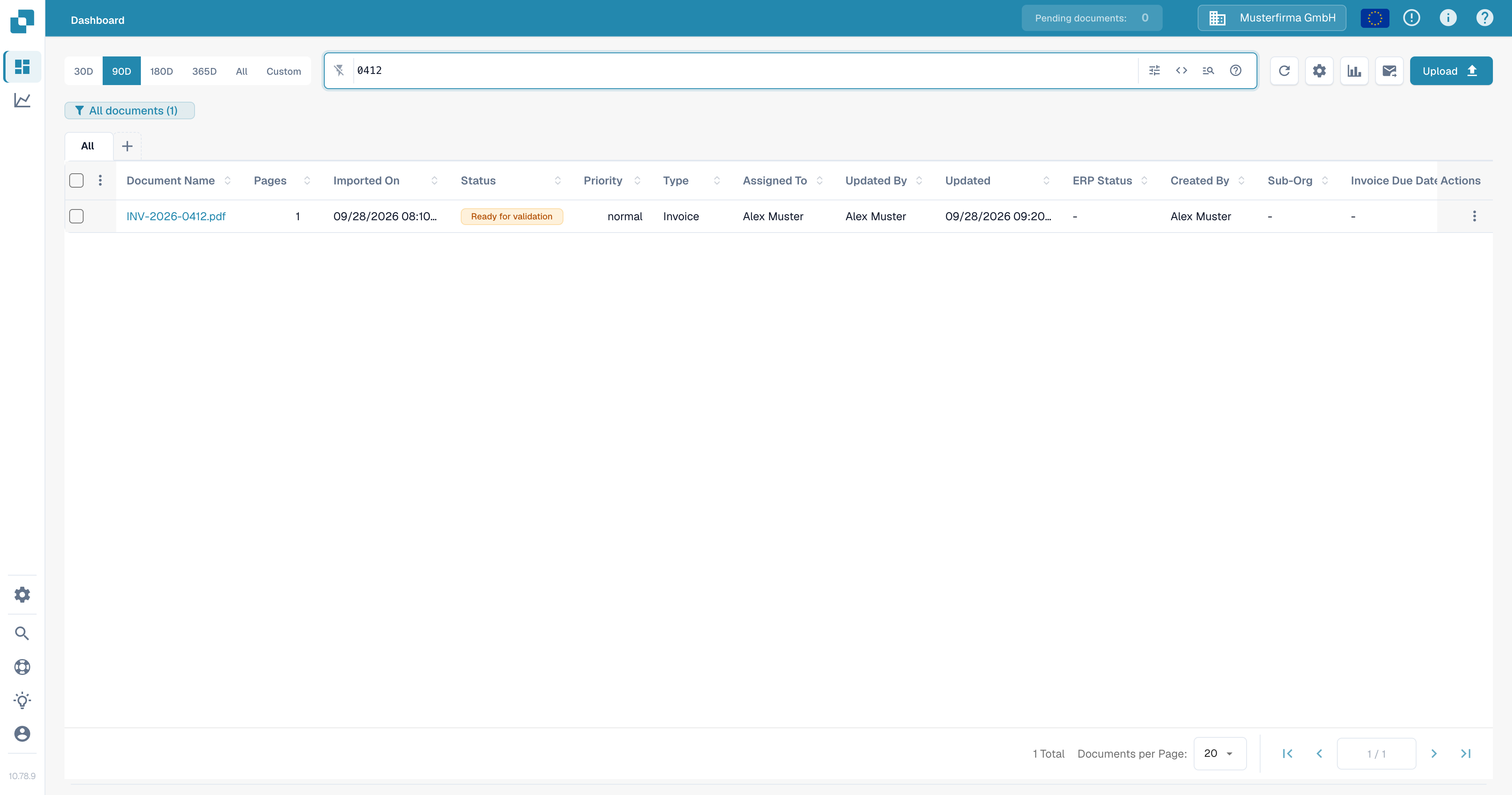 英文 Dashboard 显示按文档名称搜索后匹配到的一份测试发票