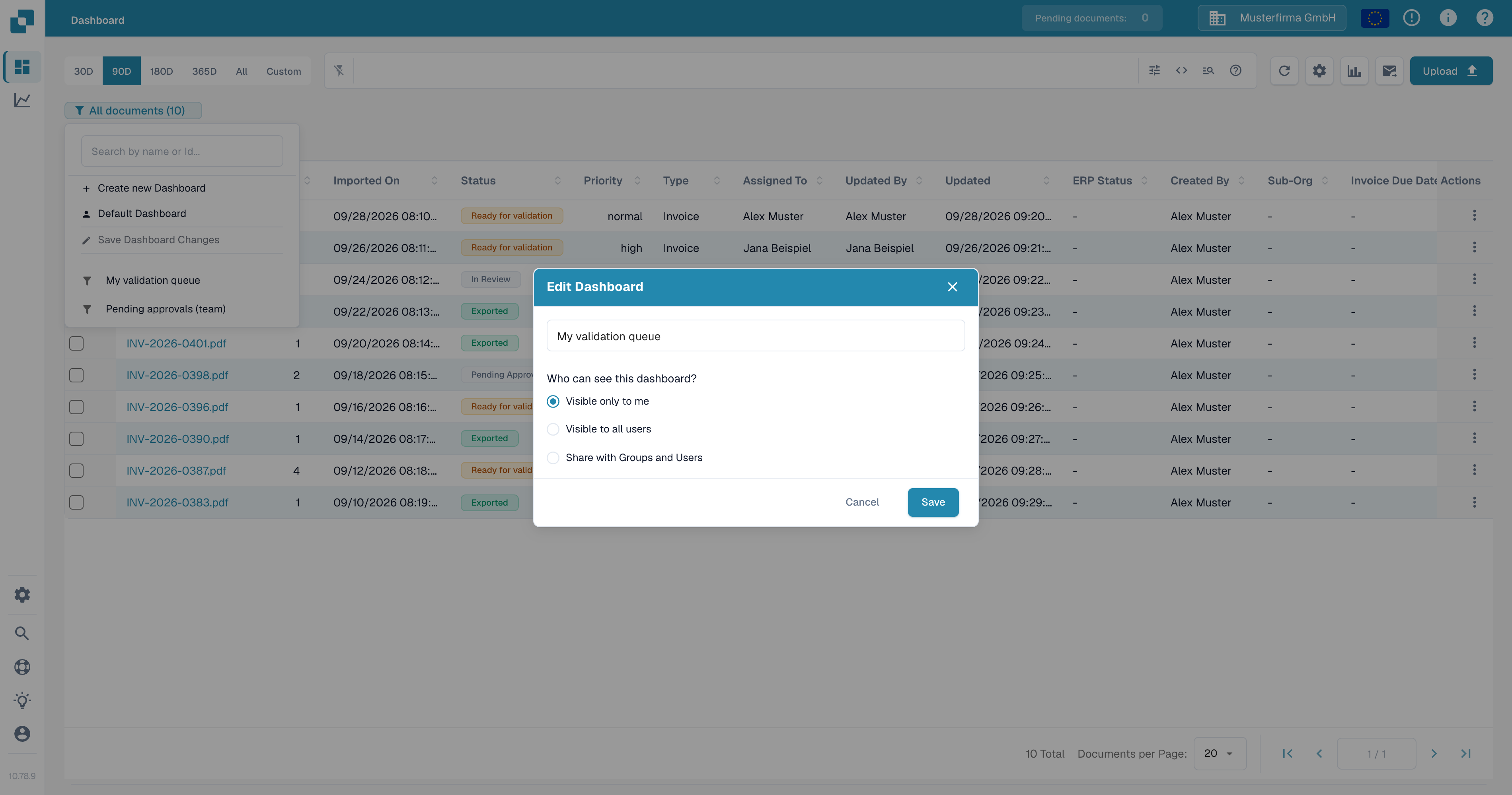 Edit Dashboard 对话框，显示已保存的名称和可见性选项