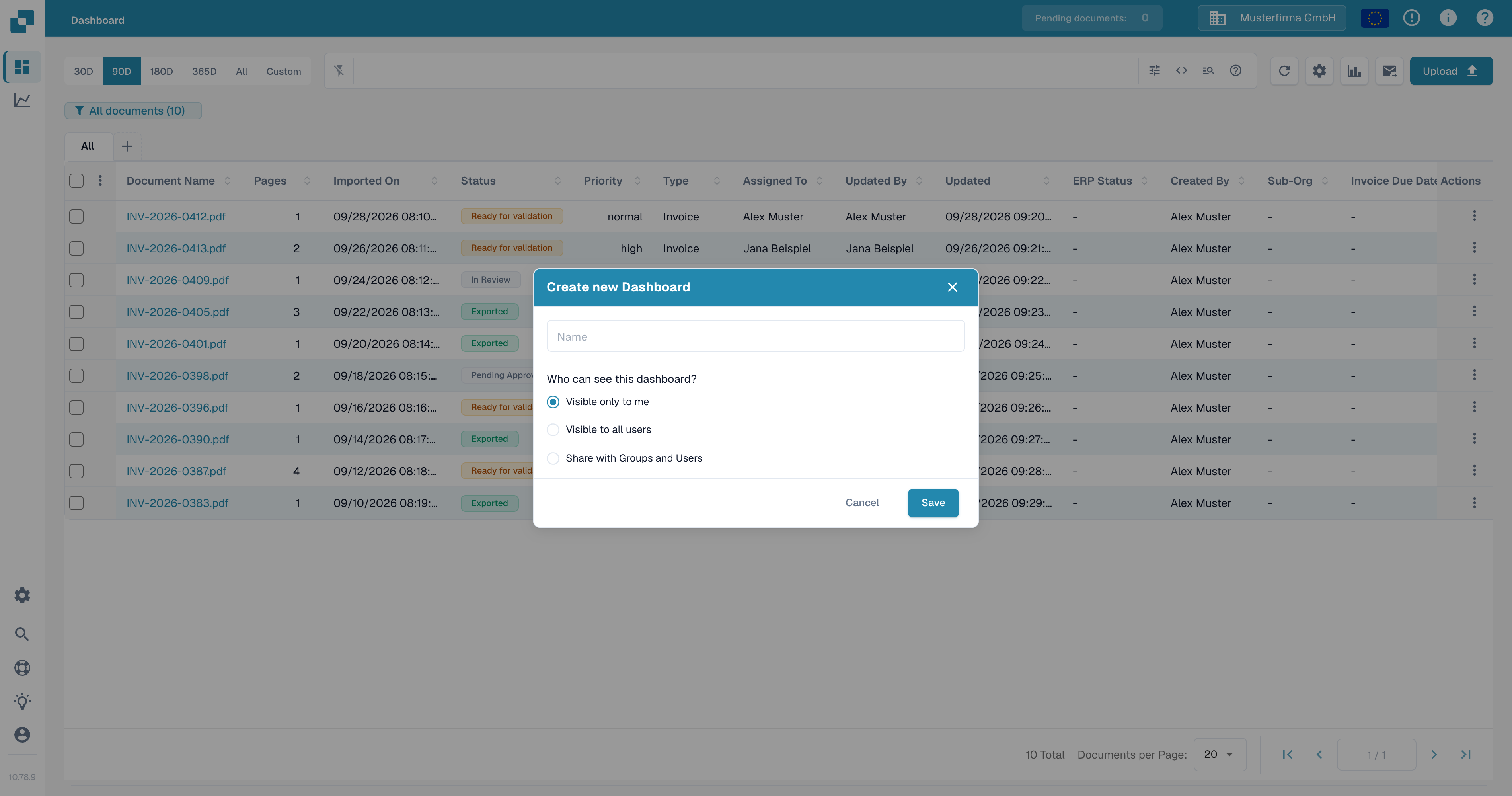 Create new Dashboard 对话框，包含名称、可见性选项和 Save 按钮