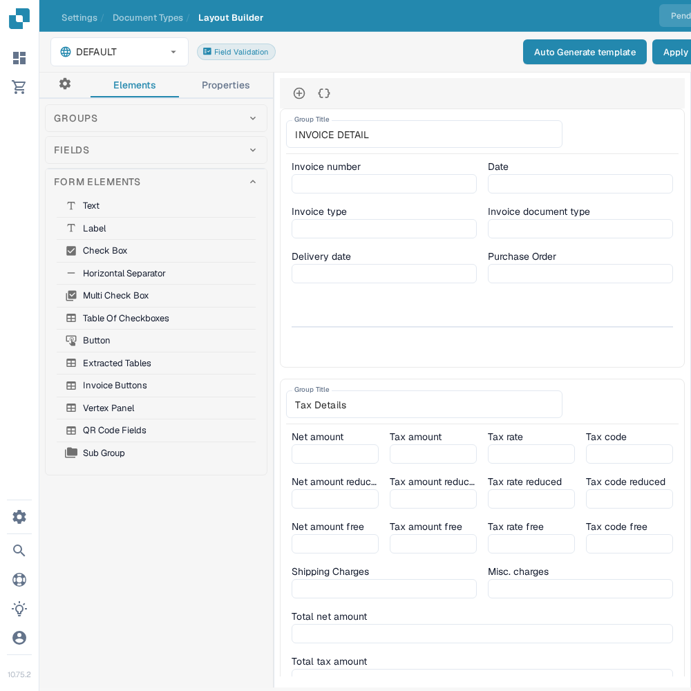 英文 Layout Builder 的 Form Elements 面板，列出文本、标签、复选框、按钮和子分组