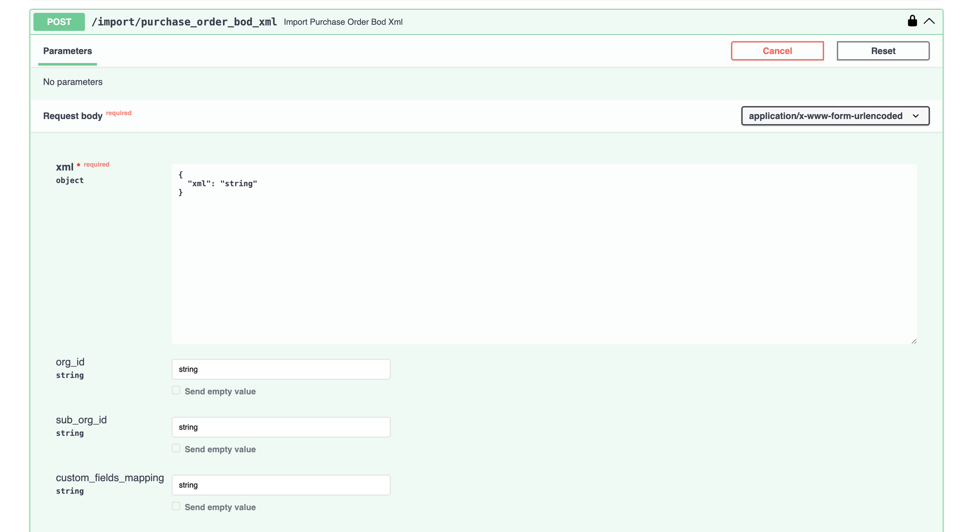 XML 变体的 Try it out 表单，显示 xml 对象字段