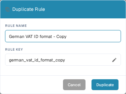 英文“Duplicate Rule”对话框，包含 Rule Name、Rule Key、铅笔图标、Cancel 和 Duplicate 按钮