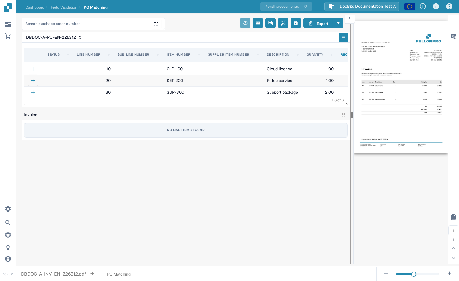 合成 Sandbox 组织中的英文 PO Matching 界面：搜索、工具栏、采购订单行项目、空的发票行项目表格和发票预览