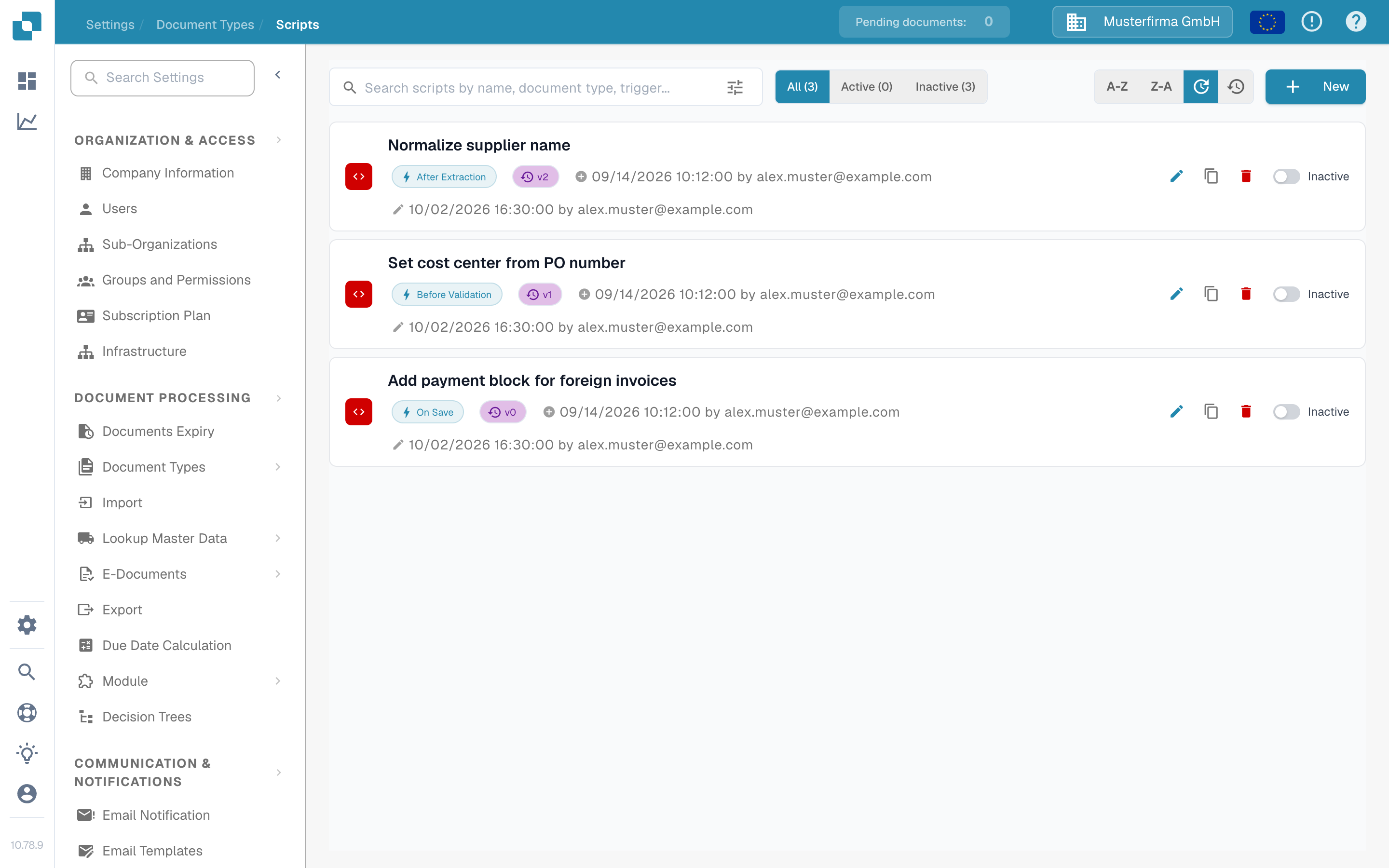 Invoice 文档类型的脚本列表，其中包含一个停用的文档示例，以及 All、Active、Inactive 筛选项