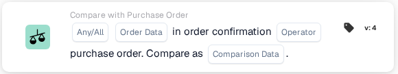 工作流生成器中的 Compare with Purchase Order 卡片，包含 Any/All、Order Data、Operator 和 Comparison Data 占位内容。